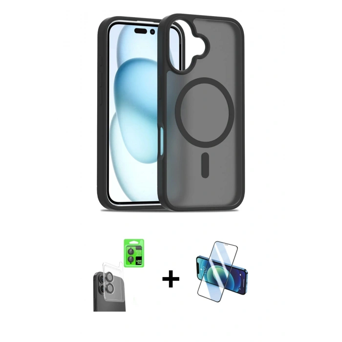 MARSİLYAN™- iPhone 16 Kılıf Siluet Minimal Prime - Siyah 3D Antistatik Seramik Nano Ekran Koruyucu + Raze Metal Kamera Lens - SH