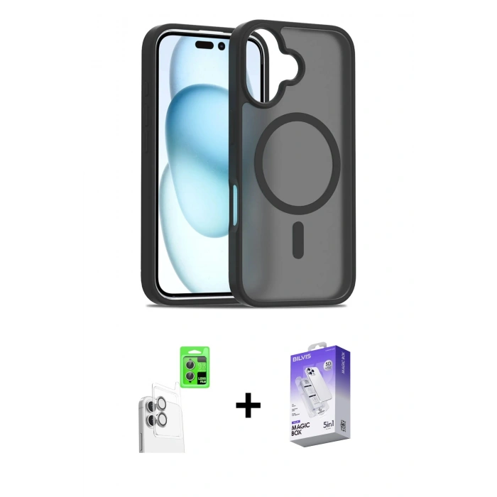 MARSİLYAN™- iPhone 16 Kılıf Siluet Minimal Prime - Siyah Bilvis 5in1 3D Magic Cam Ekran Koruyucu + Raze Metal Kamera Lens - BZ