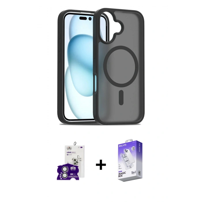 MARSİLYAN™- iPhone 16 Kılıf Siluet Minimal Prime - Siyah Bilvis 5in1 3D Magic Cam Ekran Koruyucu + Bilvis Titan Kamera Lens - GS