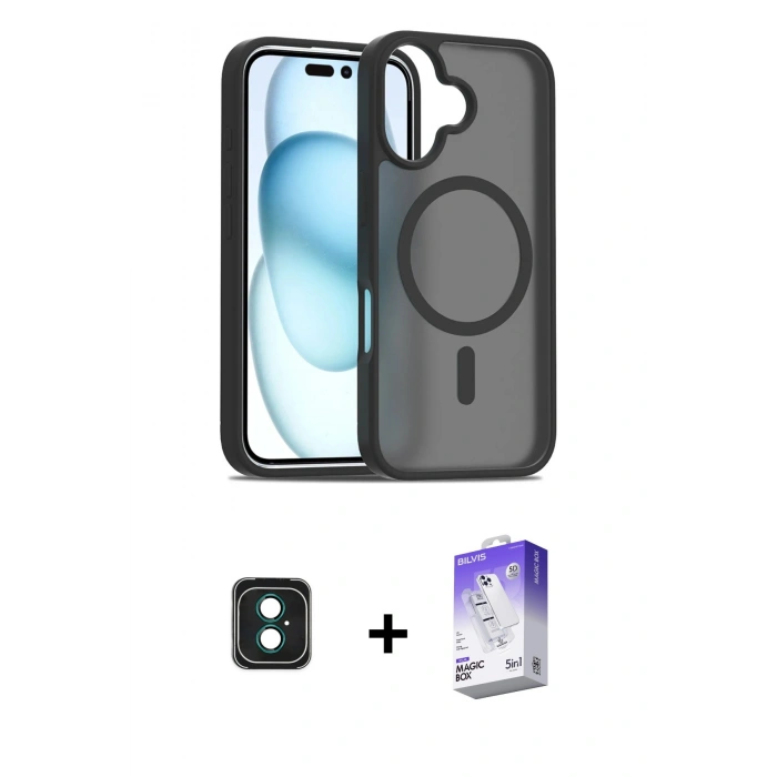MARSİLYAN™- iPhone 16 Kılıf Siluet Minimal Prime - Siyah Bilvis 5in1 3D Magic Cam Ekran Koruyucu + PVD Metal Kamera Lens - YL
