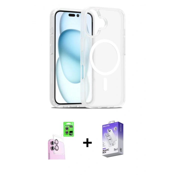 MARSİLYAN™- iPhone 16 Kılıf Siluet Minimal Prime - Siyah Bilvis 5in1 3D Magic Cam Ekran Koruyucu + Raze Metal Kamera Lens - PE