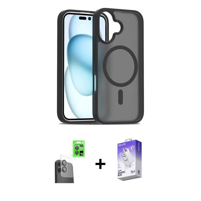 MARSİLYAN™- iPhone 16 Kılıf Siluet Minimal Prime - Siyah Bilvis 5in1 3D Magic Cam Ekran Koruyucu + Raze Metal Kamera Lens - SH