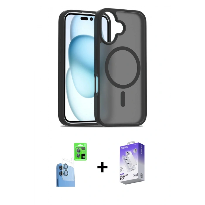 MARSİLYAN™- iPhone 16 Kılıf Siluet Minimal Prime - Siyah Bilvis 5in1 3D Magic Cam Ekran Koruyucu + Raze Metal Kamera Lens - LT
