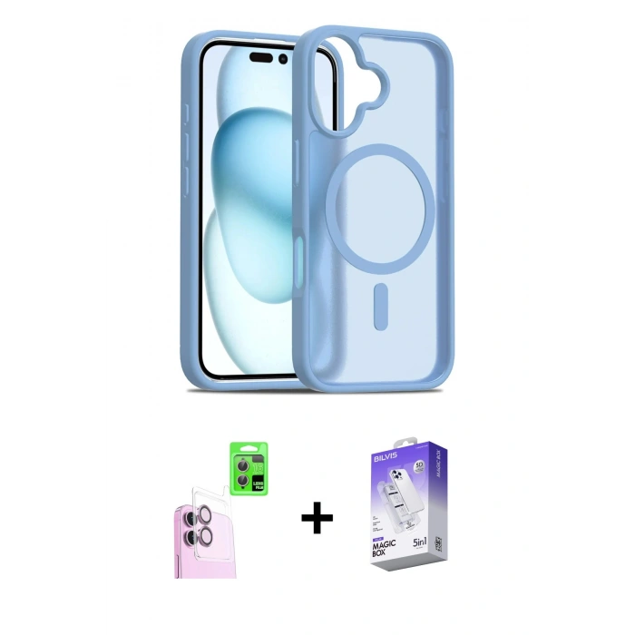 MARSİLYAN™- iPhone 16 Kılıf Siluet Minimal Prime - Siyah Bilvis 5in1 3D Magic Cam Ekran Koruyucu + Raze Metal Kamera Lens - PE