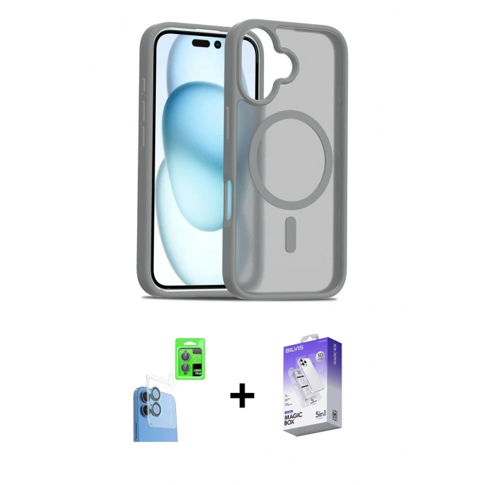 MARSİLYAN™- iPhone 16 Kılıf Siluet Minimal Prime - Siyah Bilvis 5in1 3D Magic Cam Ekran Koruyucu + Raze Metal Kamera Lens - LT