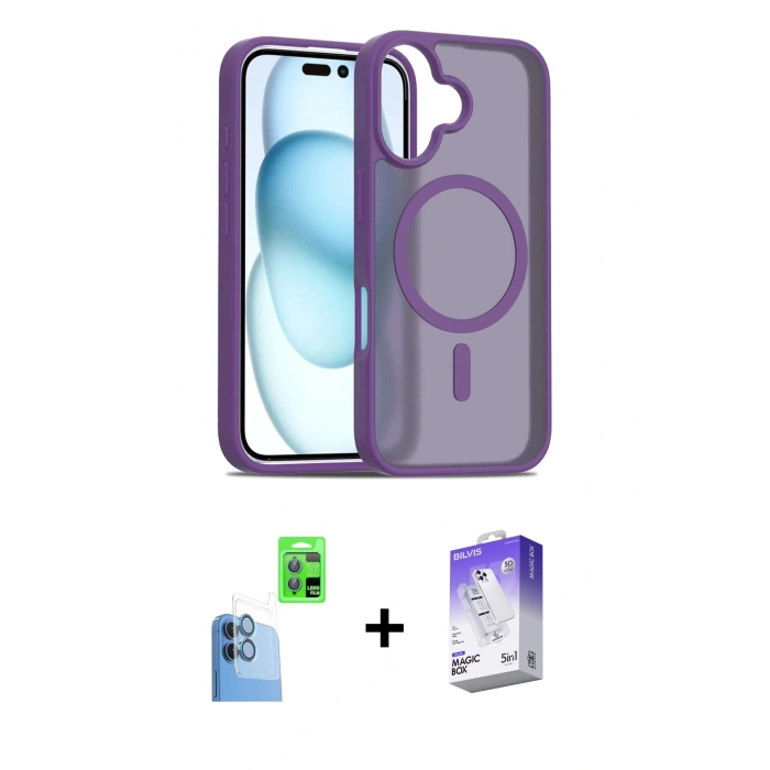 MARSİLYAN™- iPhone 16 Kılıf Siluet Minimal Prime - Siyah Bilvis 5in1 3D Magic Cam Ekran Koruyucu + Raze Metal Kamera Lens - LT