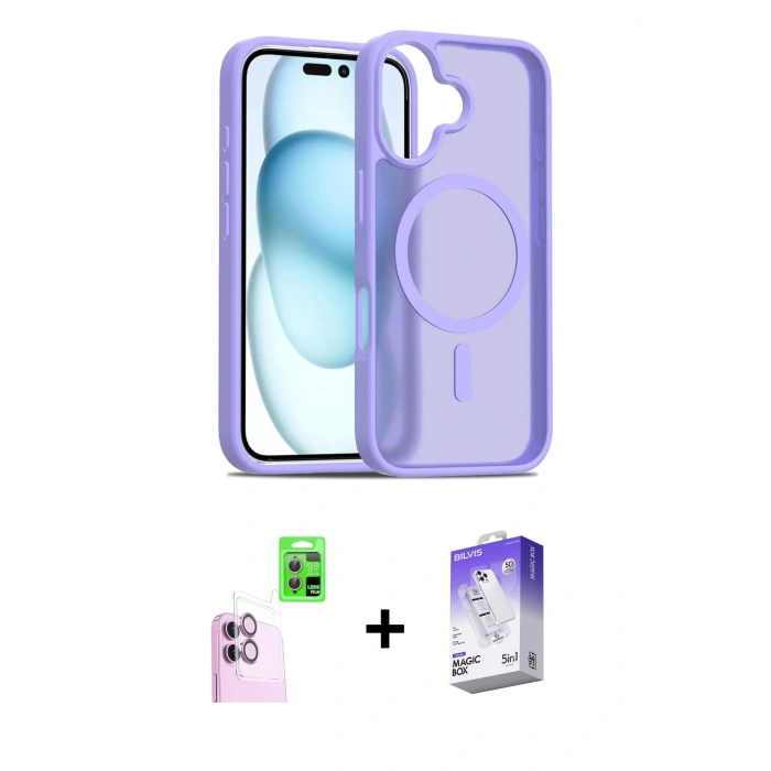 MARSİLYAN™- iPhone 16 Kılıf Siluet Minimal Prime - Siyah Bilvis 5in1 3D Magic Cam Ekran Koruyucu + Raze Metal Kamera Lens - PE