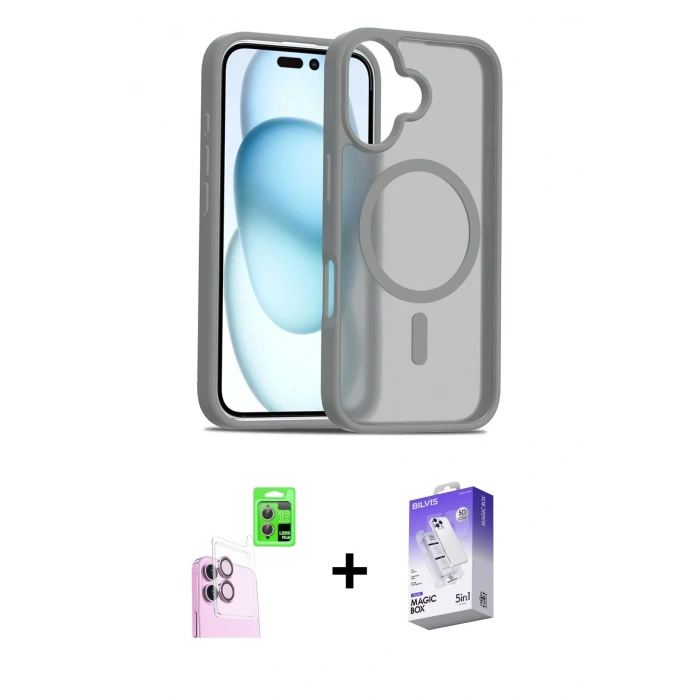 MARSİLYAN™- iPhone 16 Kılıf Siluet Minimal Prime - Siyah Bilvis 5in1 3D Magic Cam Ekran Koruyucu + Raze Metal Kamera Lens - PE