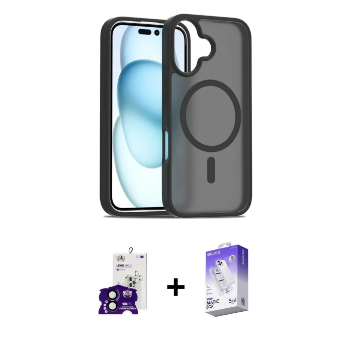 MARSİLYAN™- iPhone 16 Kılıf Siluet Minimal Prime - Siyah Bilvis 5in1 3D Magic Cam Ekran Koruyucu + Siyah Bilvis Titan Kamera Lens