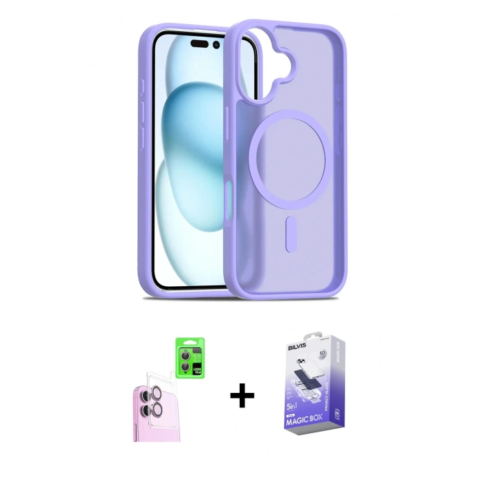 MARSİLYAN™- iPhone 16 Kılıf Siluet Minimal Prime - Siyah Bilvis 5in1 5D Magic Hayalet Cam Ekran Koruyucu + Raze Metal Kamera Lens - PE