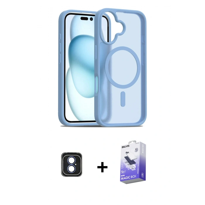 MARSİLYAN™- iPhone 16 Kılıf Siluet Minimal Prime - Siyah Bilvis 5in1 5D Magic Hayalet Cam Ekran Koruyucu + Mavi PVD Metal Kamera Lens