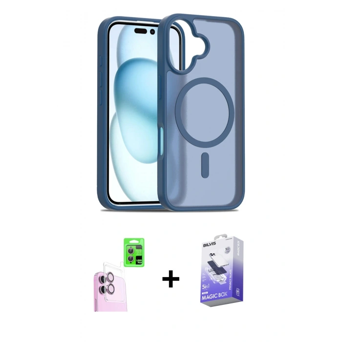 MARSİLYAN™- iPhone 16 Kılıf Siluet Minimal Prime - Siyah Bilvis 5in1 5D Magic Hayalet Cam Ekran Koruyucu + Raze Metal Kamera Lens - PE