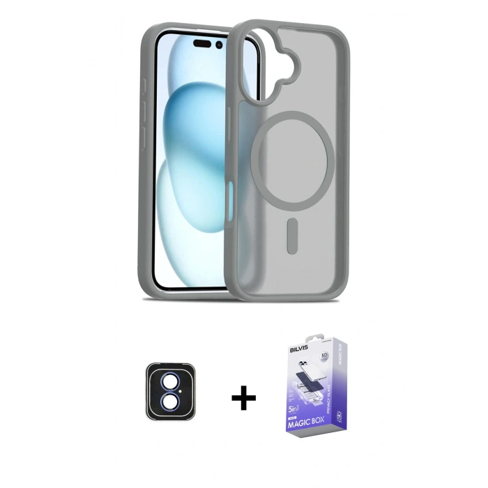 MARSİLYAN™- iPhone 16 Kılıf Siluet Minimal Prime - Siyah Bilvis 5in1 5D Magic Hayalet Cam Ekran Koruyucu + Mavi PVD Metal Kamera Lens