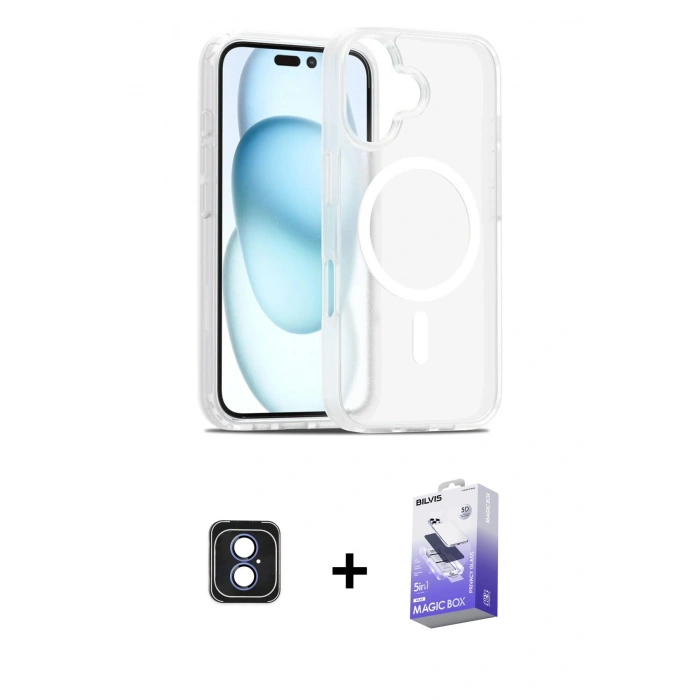 MARSİLYAN™- iPhone 16 Kılıf Siluet Minimal Prime - Siyah Bilvis 5in1 5D Magic Hayalet Cam Ekran Koruyucu + Mavi PVD Metal Kamera Lens