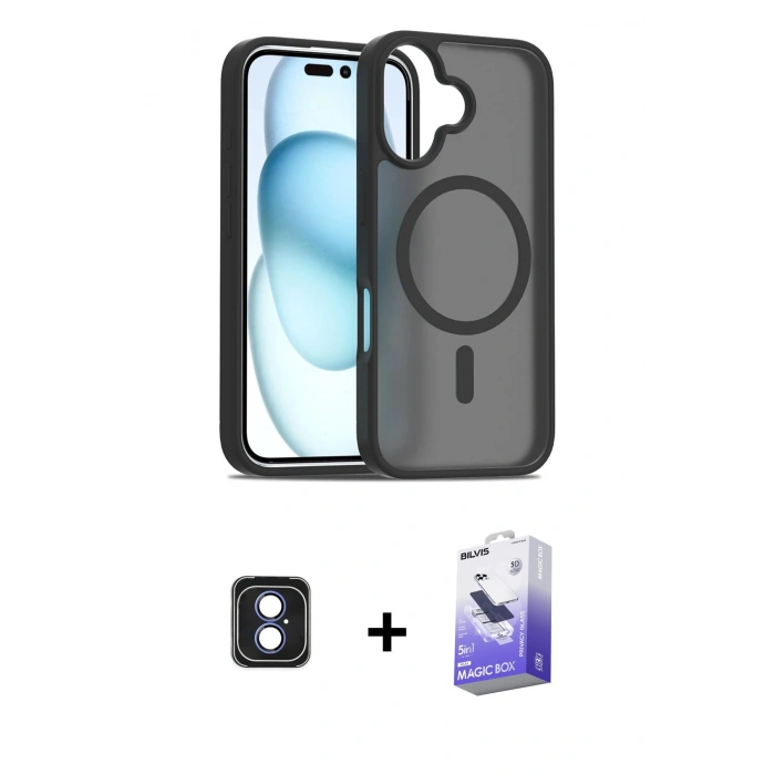 MARSİLYAN™- iPhone 16 Kılıf Siluet Minimal Prime - Siyah Bilvis 5in1 5D Magic Hayalet Cam Ekran Koruyucu + Mavi PVD Metal Kamera Lens