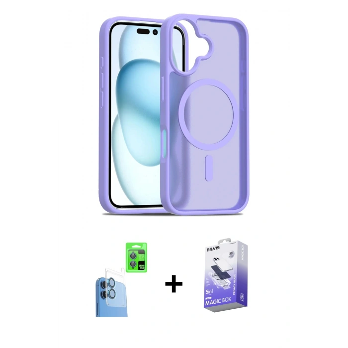 MARSİLYAN™- iPhone 16 Kılıf Siluet Minimal Prime - Siyah Bilvis 5in1 5D Magic Hayalet Cam Ekran Koruyucu + Raze Metal Kamera Lens - LT