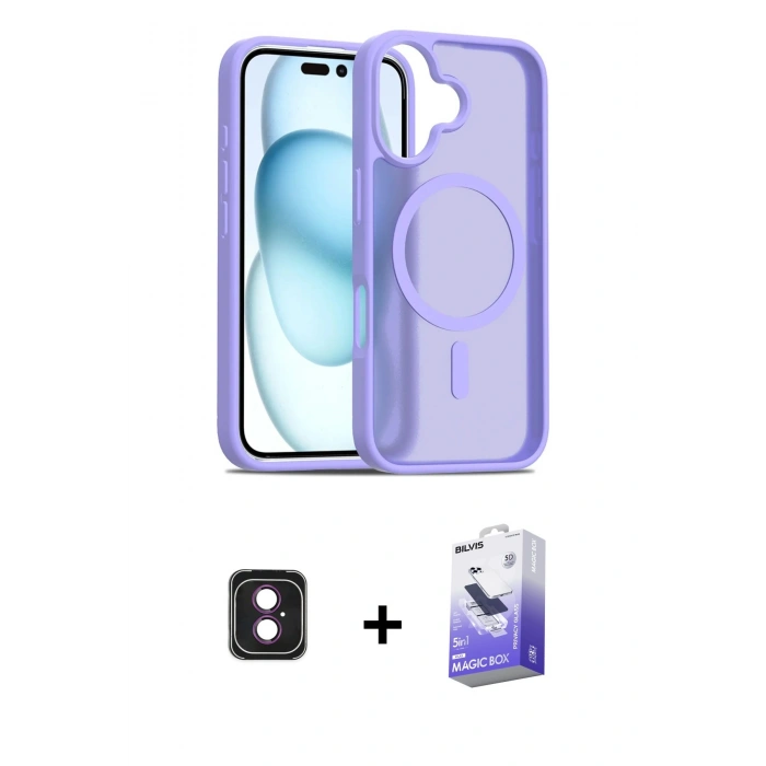 MARSİLYAN™- iPhone 16 Kılıf Siluet Minimal Prime - Siyah Bilvis 5in1 5D Magic Hayalet Cam Ekran Koruyucu + PVD Metal Kamera Lens - PE