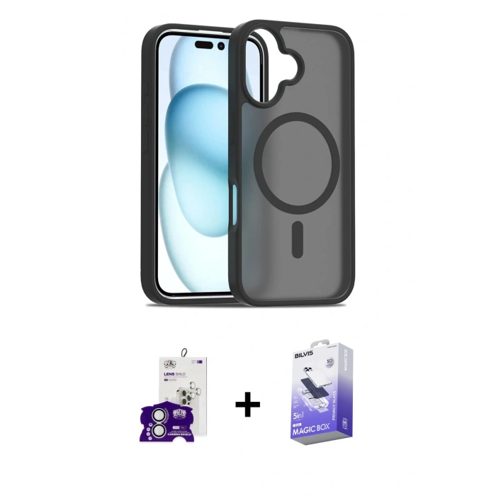 MARSİLYAN™- iPhone 16 Kılıf Siluet Minimal Prime - Siyah Bilvis 5in1 5D Magic Hayalet Cam Ekran Koruyucu + Bilvis Titan Kamera Lens - GS