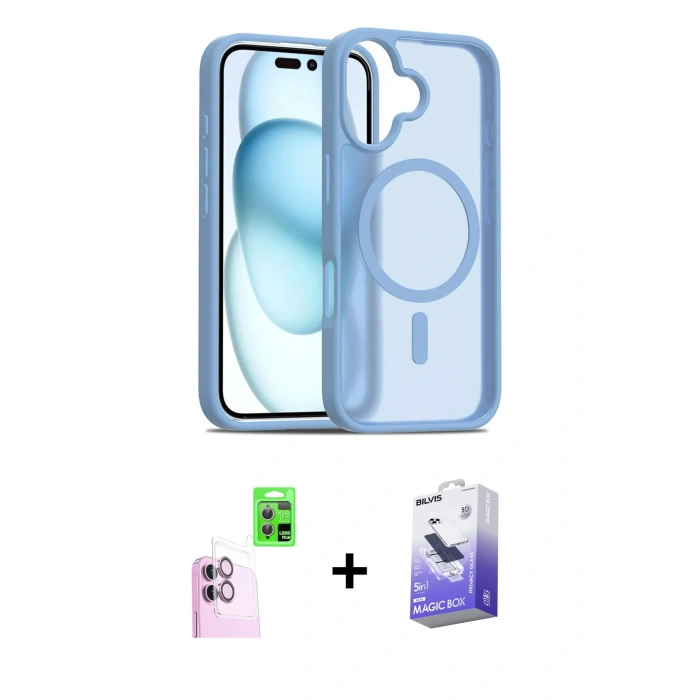 MARSİLYAN™- iPhone 16 Kılıf Siluet Minimal Prime - Siyah Bilvis 5in1 5D Magic Hayalet Cam Ekran Koruyucu + Raze Metal Kamera Lens - PE