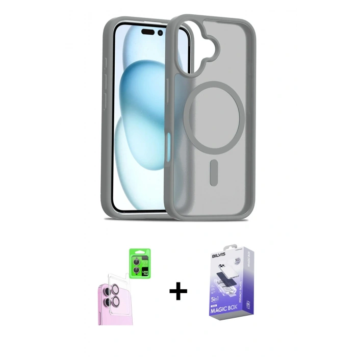 MARSİLYAN™- iPhone 16 Kılıf Siluet Minimal Prime - Siyah Bilvis 5in1 5D Magic Hayalet Cam Ekran Koruyucu + Raze Metal Kamera Lens - PE