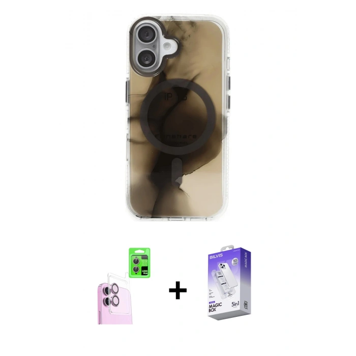 MARSİLYAN™- iPhone 16 Kılıf Ufuk Doku Prime - Siyah Bilvis 5in1 3D Magic Cam Ekran Koruyucu + Raze Metal Kamera Lens - PE