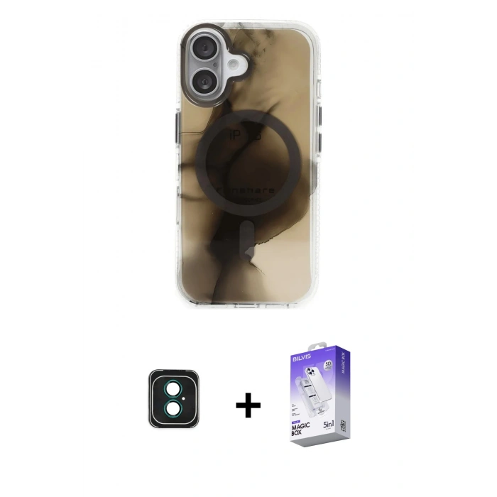 MARSİLYAN™- iPhone 16 Kılıf Ufuk Doku Prime - Siyah Bilvis 5in1 3D Magic Cam Ekran Koruyucu + PVD Metal Kamera Lens - YL