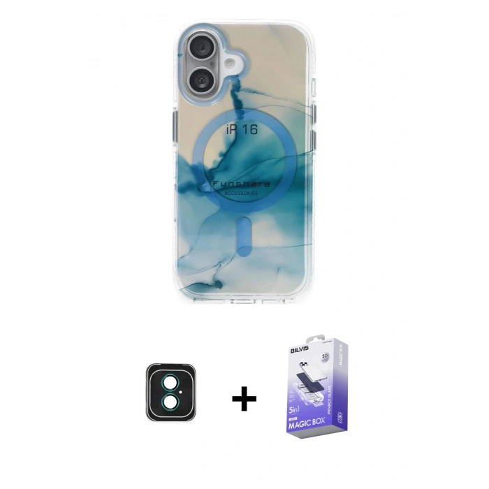 MARSİLYAN™- iPhone 16 Kılıf Ufuk Doku Prime - Siyah Bilvis 5in1 5D Magic Hayalet Cam Ekran Koruyucu + PVD Metal Kamera Lens - YL