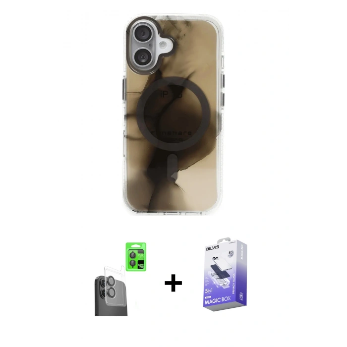 MARSİLYAN™- iPhone 16 Kılıf Ufuk Doku Prime - Siyah Bilvis 5in1 5D Magic Hayalet Cam Ekran Koruyucu + Raze Metal Kamera Lens - SH