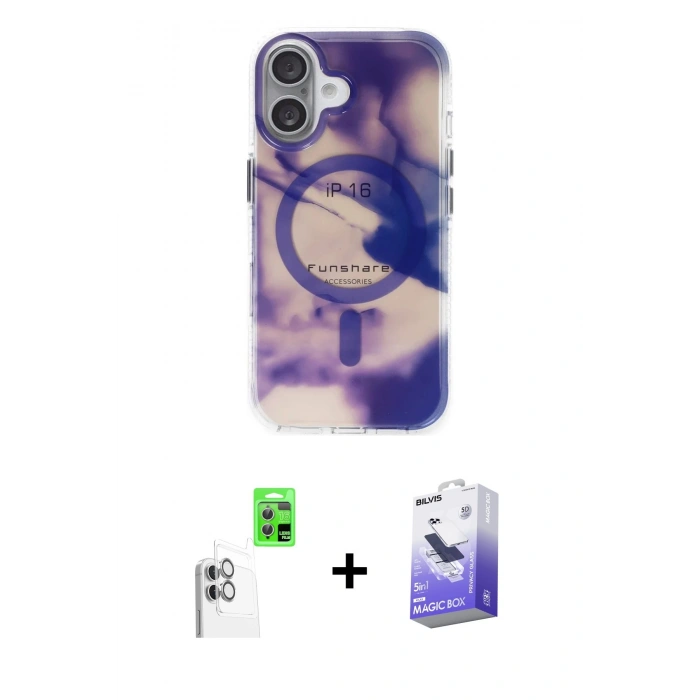 MARSİLYAN™- iPhone 16 Kılıf Ufuk Doku Prime - Siyah Bilvis 5in1 5D Magic Hayalet Cam Ekran Koruyucu + Raze Metal Kamera Lens - BZ