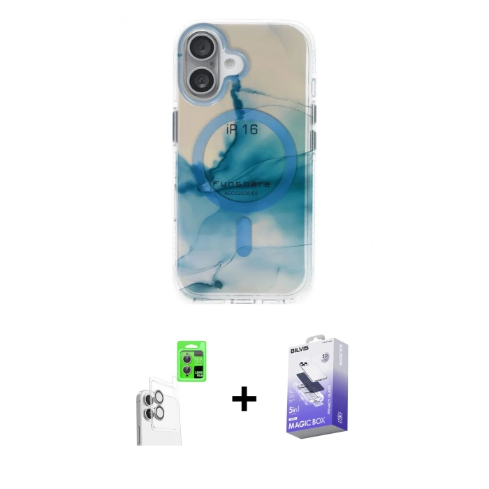 MARSİLYAN™- iPhone 16 Kılıf Ufuk Doku Prime - Siyah Bilvis 5in1 5D Magic Hayalet Cam Ekran Koruyucu + Raze Metal Kamera Lens - BZ
