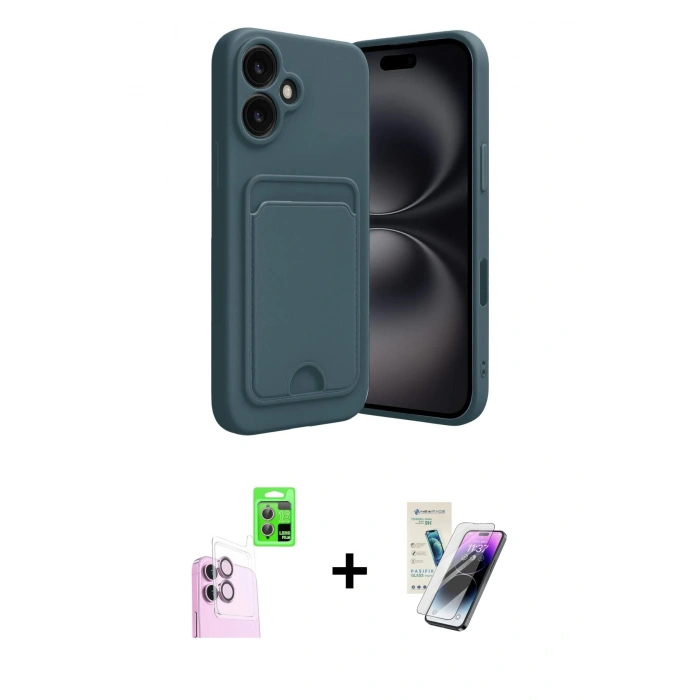 MARSİLYAN™- iPhone 16 Kılıf Vadi Çizgi Prime - Şeffaf Pasifik Cam Ekran Koruyucu + Raze Metal Kamera Lens - PE