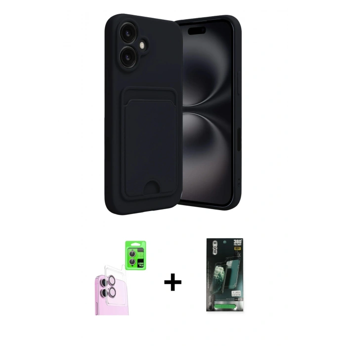 MARSİLYAN™- iPhone 16 Kılıf Vadi Çizgi Prime - Siyah 360 Mat Full Body Arka Koruyucu + Raze Metal Kamera Lens - PE