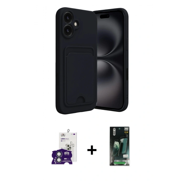 MARSİLYAN™- iPhone 16 Kılıf Vadi Çizgi Prime - Siyah 360 Mat Full Body Arka Koruyucu + Bilvis Titan Kamera Lens - YL