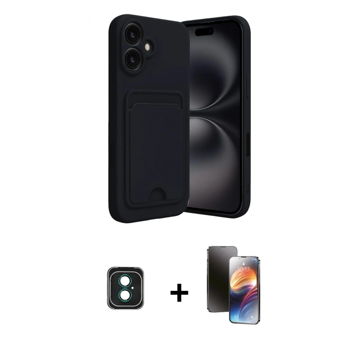 MARSİLYAN™- iPhone 16 Kılıf Vadi Çizgi Prime - Siyah 3D Antistatik Mat Seramik Nano Ekran Koruyucu + Yeşil PVD Metal Kamera Lens