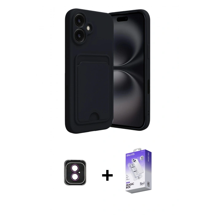 MARSİLYAN™- iPhone 16 Kılıf Vadi Çizgi Prime - Siyah Bilvis 5in1 3D Magic Cam Ekran Koruyucu + PVD Metal Kamera Lens - PE