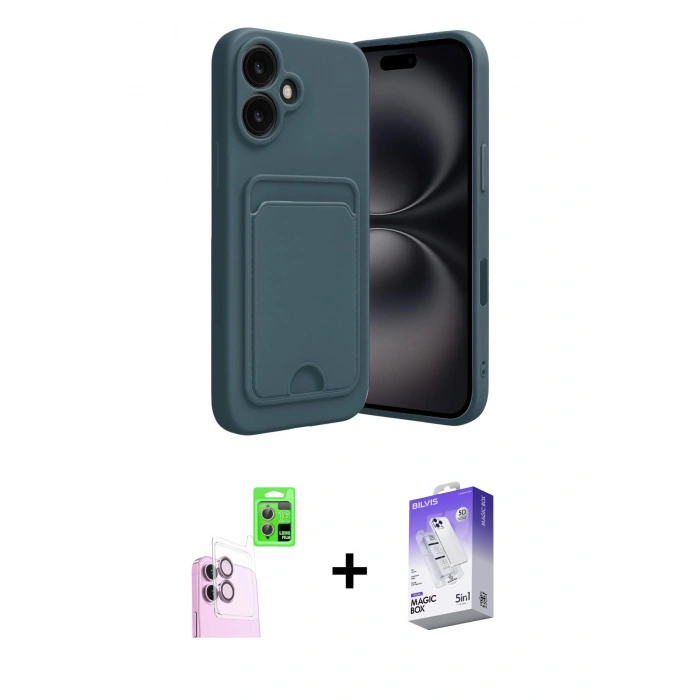 MARSİLYAN™- iPhone 16 Kılıf Vadi Çizgi Prime - Siyah Bilvis 5in1 3D Magic Cam Ekran Koruyucu + Raze Metal Kamera Lens - PE