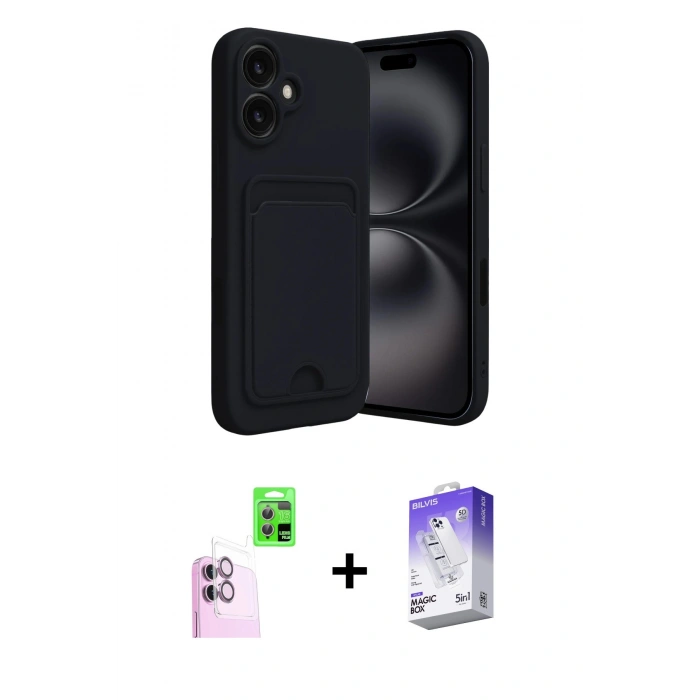 MARSİLYAN™- iPhone 16 Kılıf Vadi Çizgi Prime - Siyah Bilvis 5in1 3D Magic Cam Ekran Koruyucu + Raze Metal Kamera Lens - PE