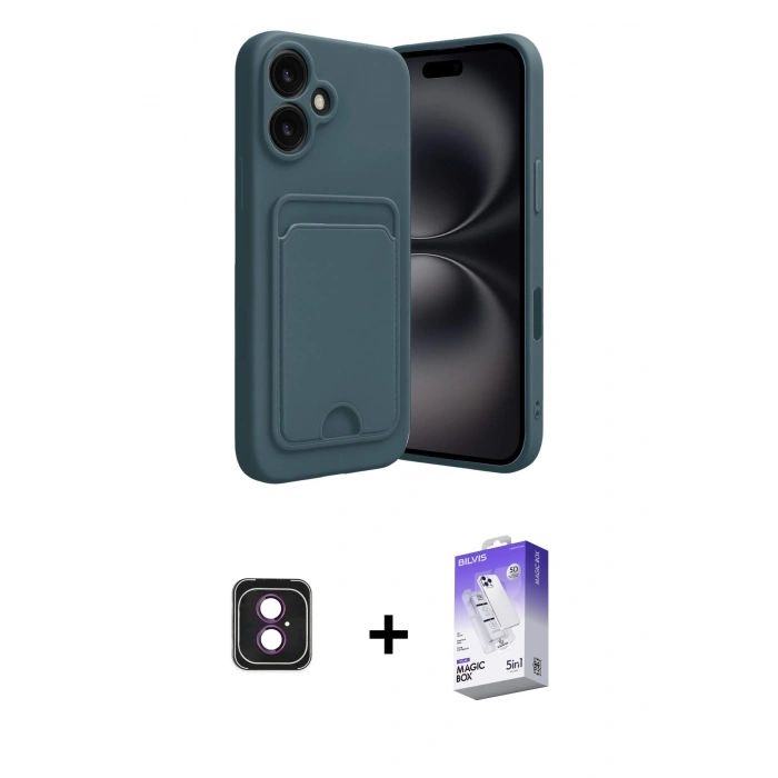 MARSİLYAN™- iPhone 16 Kılıf Vadi Çizgi Prime - Siyah Bilvis 5in1 3D Magic Cam Ekran Koruyucu + PVD Metal Kamera Lens - PE