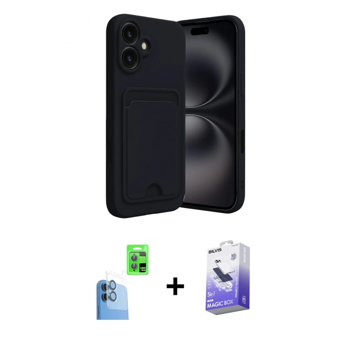MARSİLYAN™- iPhone 16 Kılıf Vadi Çizgi Prime - Siyah Bilvis 5in1 5D Magic Hayalet Cam Ekran Koruyucu + Raze Metal Kamera Lens - LT