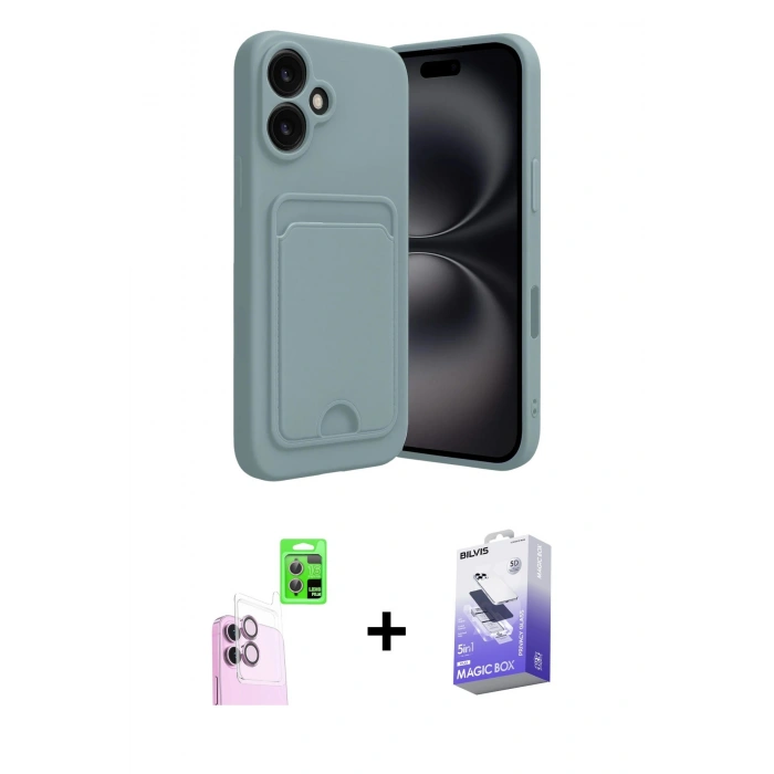MARSİLYAN™- iPhone 16 Kılıf Vadi Çizgi Prime - Siyah Bilvis 5in1 5D Magic Hayalet Cam Ekran Koruyucu + Raze Metal Kamera Lens - PE