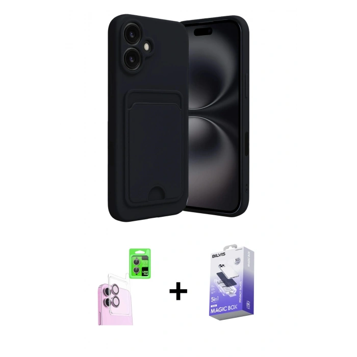 MARSİLYAN™- iPhone 16 Kılıf Vadi Çizgi Prime - Siyah Bilvis 5in1 5D Magic Hayalet Cam Ekran Koruyucu + Raze Metal Kamera Lens - PE