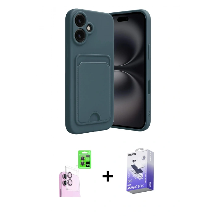 MARSİLYAN™- iPhone 16 Kılıf Vadi Çizgi Prime - Siyah Bilvis 5in1 5D Magic Hayalet Cam Ekran Koruyucu + Raze Metal Kamera Lens - PE