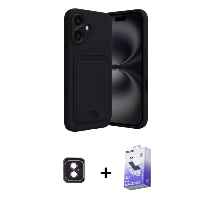 MARSİLYAN™- iPhone 16 Kılıf Vadi Çizgi Prime - Siyah Bilvis 5in1 5D Magic Hayalet Cam Ekran Koruyucu + PVD Metal Kamera Lens - PE