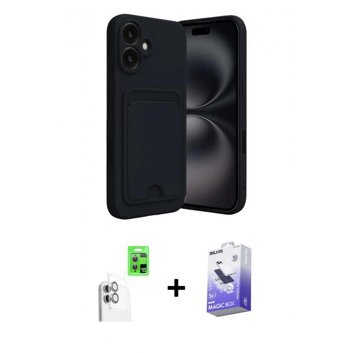 MARSİLYAN™- iPhone 16 Kılıf Vadi Çizgi Prime - Siyah Bilvis 5in1 5D Magic Hayalet Cam Ekran Koruyucu + Raze Metal Kamera Lens - BZ
