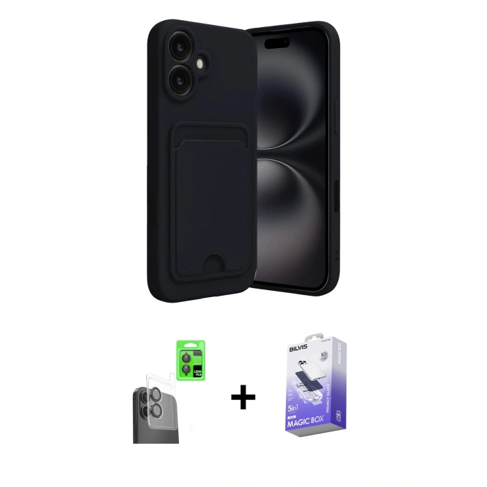 MARSİLYAN™- iPhone 16 Kılıf Vadi Çizgi Prime - Siyah Bilvis 5in1 5D Magic Hayalet Cam Ekran Koruyucu + Raze Metal Kamera Lens - SH