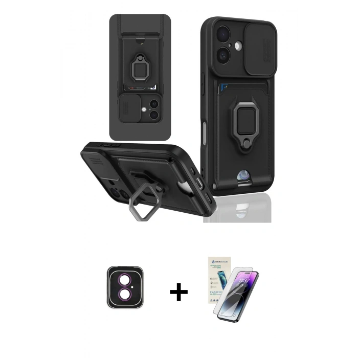 MARSİLYAN™- iPhone 16 Kılıf Vadi Form Prime - Şeffaf Pasifik Cam Ekran Koruyucu + PVD Metal Kamera Lens - PE