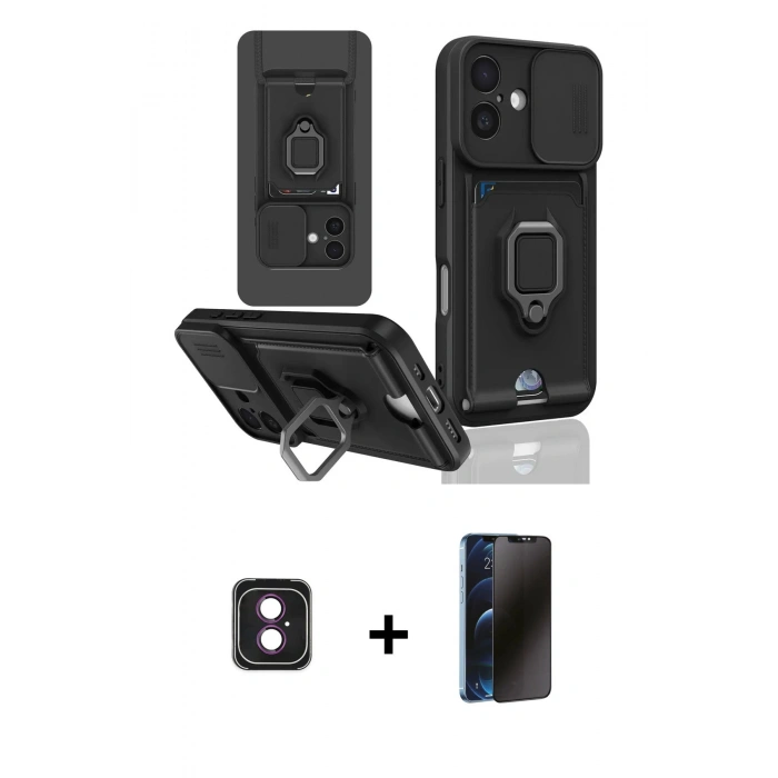 MARSİLYAN™- iPhone 16 Kılıf Vadi Form Prime - Siyah 3D Antistatik Hayalet Cam Ekran Koruyucu + PVD Metal Kamera Lens - PE