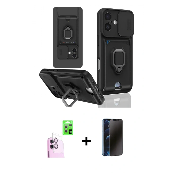 MARSİLYAN™- iPhone 16 Kılıf Vadi Form Prime - Siyah 3D Antistatik Hayalet Cam Ekran Koruyucu + Raze Metal Kamera Lens - PE