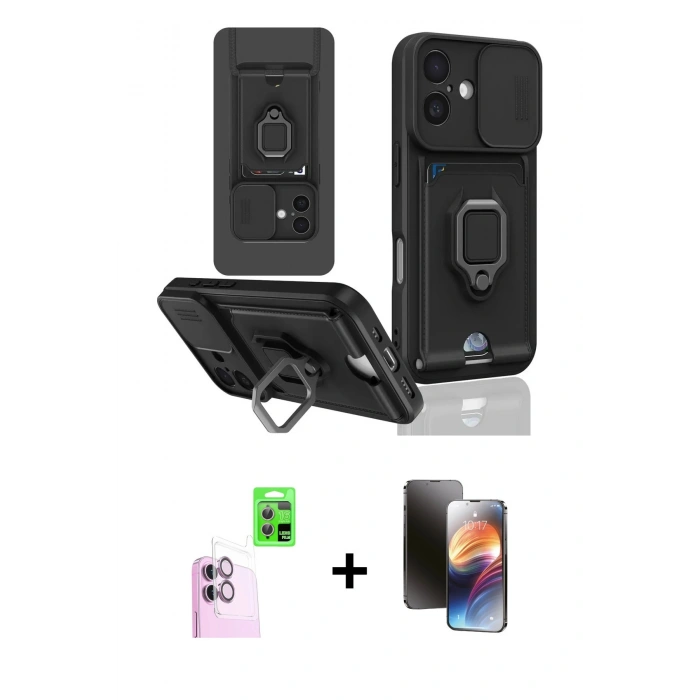 MARSİLYAN™- iPhone 16 Kılıf Vadi Form Prime - Siyah 3D Antistatik Mat Seramik Nano Ekran Koruyucu + Raze Metal Kamera Lens - PE