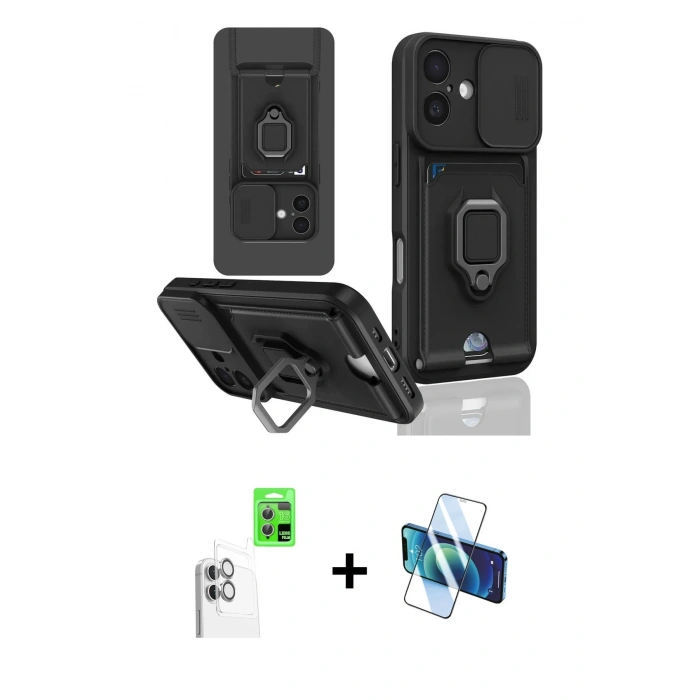 MARSİLYAN™- iPhone 16 Kılıf Vadi Form Prime - Siyah 3D Antistatik Seramik Nano Ekran Koruyucu + Raze Metal Kamera Lens - BZ